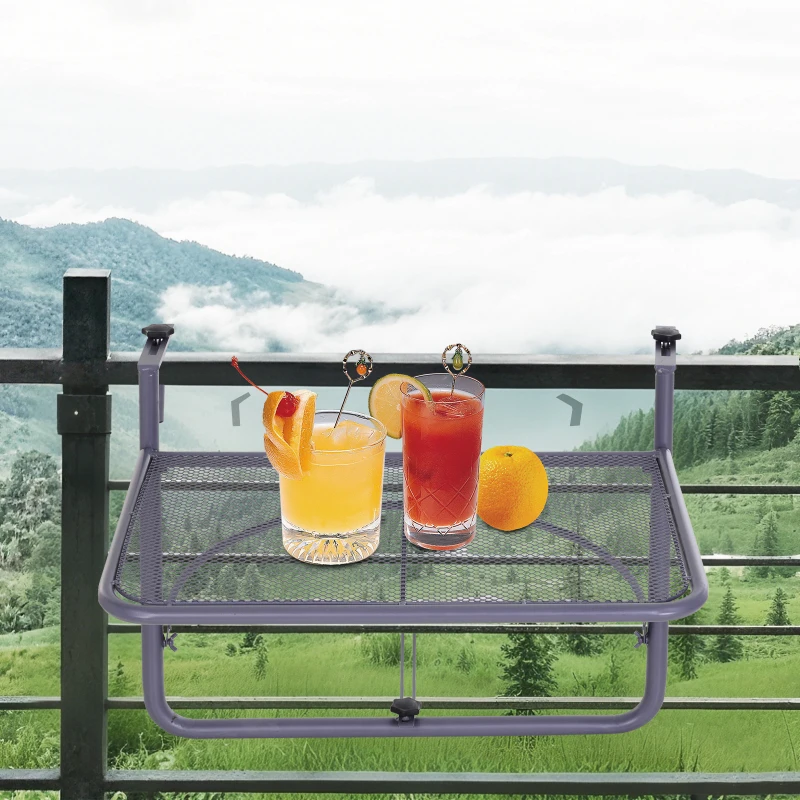 Outsunny Adjustable Balcony Hanging Railing Table, Metal Mounting Mini Wall Desk Storage Rack, Outdoor Flower Stand Serving Table Rectangle, Grey