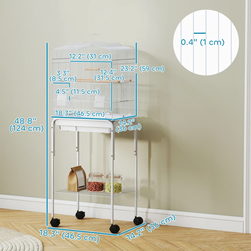 PawHut 49" Rolling Bird Cage Cockatoo House Play Top Finch Pet Supply with Storage Shelf, Wheels - White