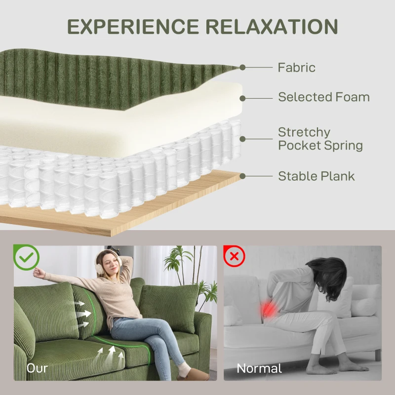 HOMCOM 3 Seater Sofa, 83.5" Modern Upholstered Couch with Pocket Spring and 2 Scatter Cushions for Living Room, Green