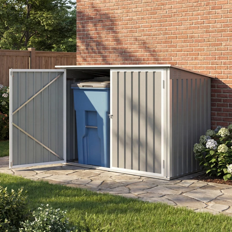 Outsunny Outdoor Metal Storage Shed Garden Garbage Can Organizer with Double Door and Vents for 2 Trash Cans, Light Grey