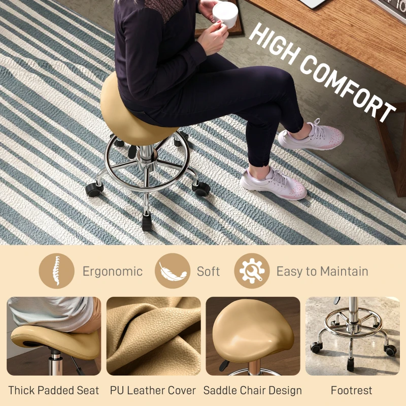 HOMCOM Saddle Stool, PU Leather Adjustable Rolling Salon Chair, Light Brown