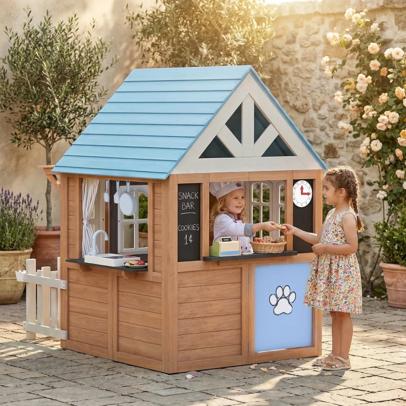Qaba Wooden Kids Playhouse with Pet Door, Play Kitchen, Mailbox, Doorbell, Birdhouse, Fence and Windows for Pretend Play