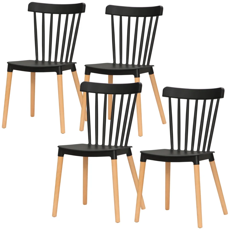 HOMCOM Dining Chairs Set of 4, Modern Kitchen Chair with Slatted Back, PP Seat, Beechwood Legs for Living Room, Black