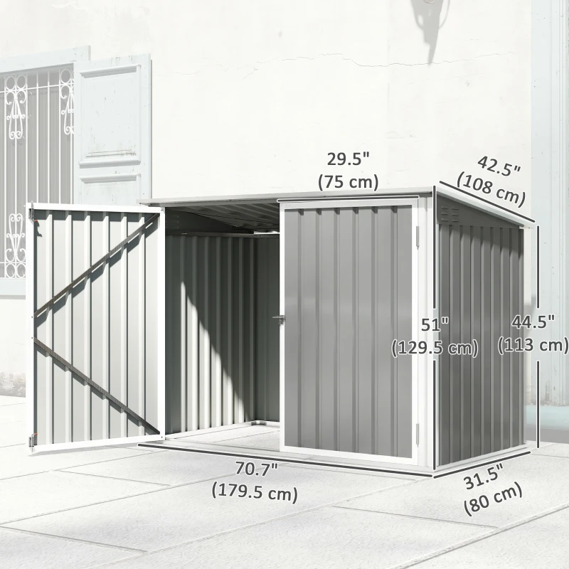 Outsunny Outdoor Metal Storage Shed Garden Garbage Can Organizer with Double Door and Vents for 2 Trash Cans, Light Grey