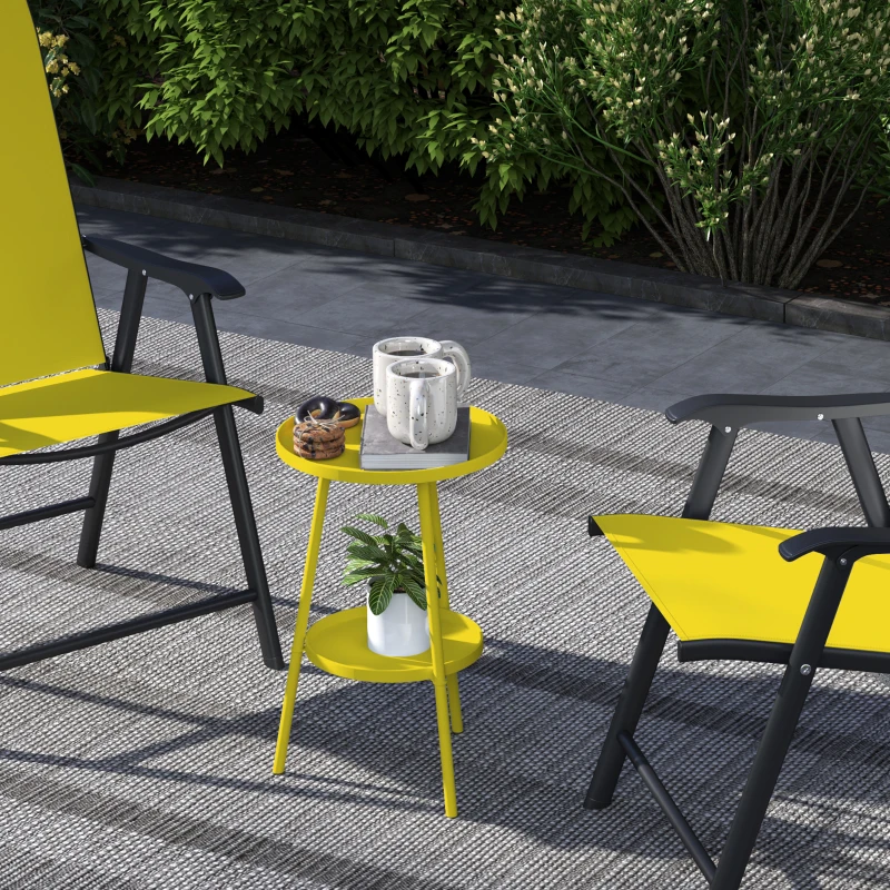 Outsunny Round Garden Table, 2-Tier Small Side Table, Metal Patio Table Coffee Table Dining Table, Yellow