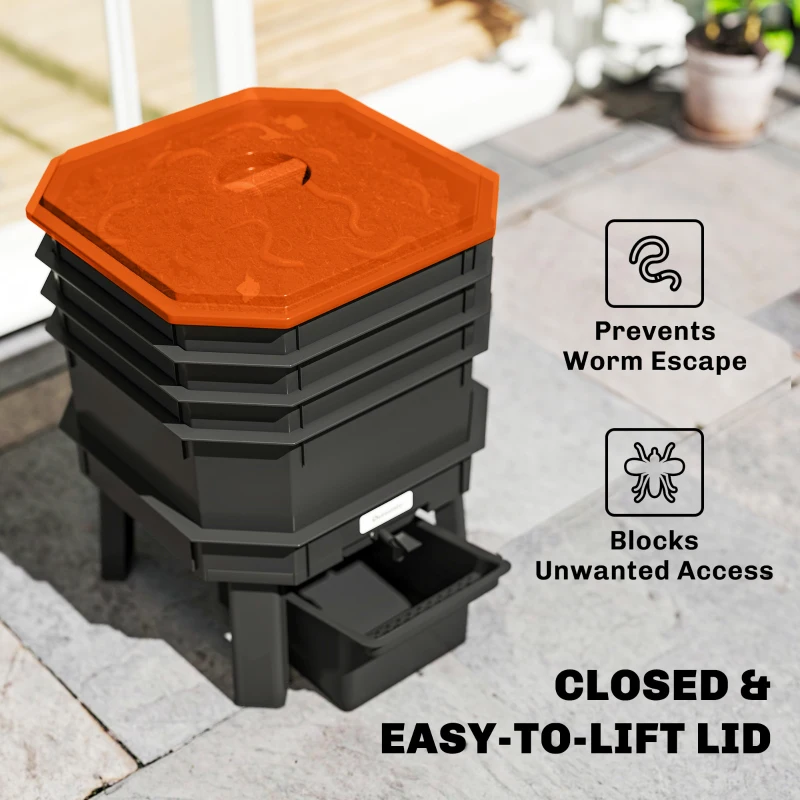 Outsunny 4-Tray Worm Composter Bin, 7.4 Gal Outdoor & Indoor Worm Composter for Recycling Food Waste, Orange