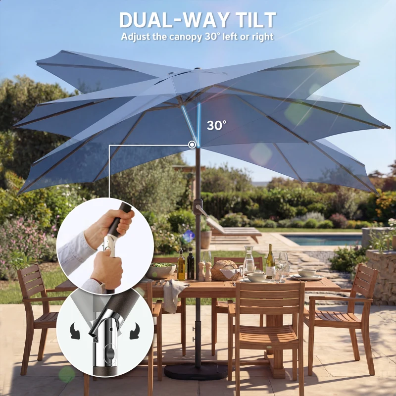 Outsunny 10' x 10' Round Market Umbrella with Base and Sandbag, Patio Umbrella with Crank Handle and Tilt, Blue