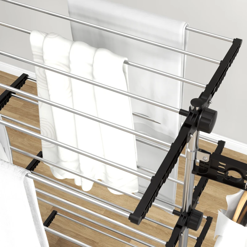 HOMCOM Garment Drying Rack Stainless Steel Folding Clothes Hanging Rack with Side Wings Castors for Indoor Outdoor Black