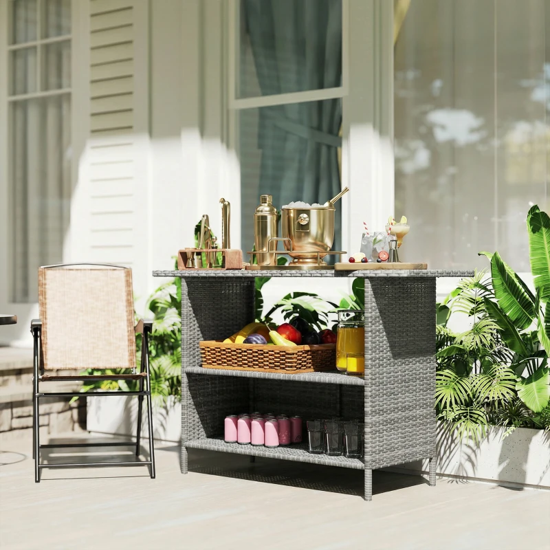Outsunny Wicker Outdoor Bar Table, PE Rattan Bar Height Patio Table with 2 Shelves, Steel Frame for Garden, Backyard, Dark Grey