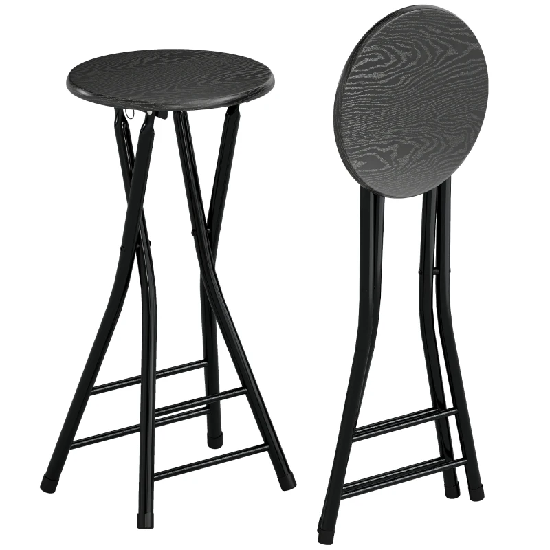 HOMCOM Set of 2 Foldable Barstools, Counter Height Bar Stools with Footrest and Steel Legs for Kitchen Island, Black