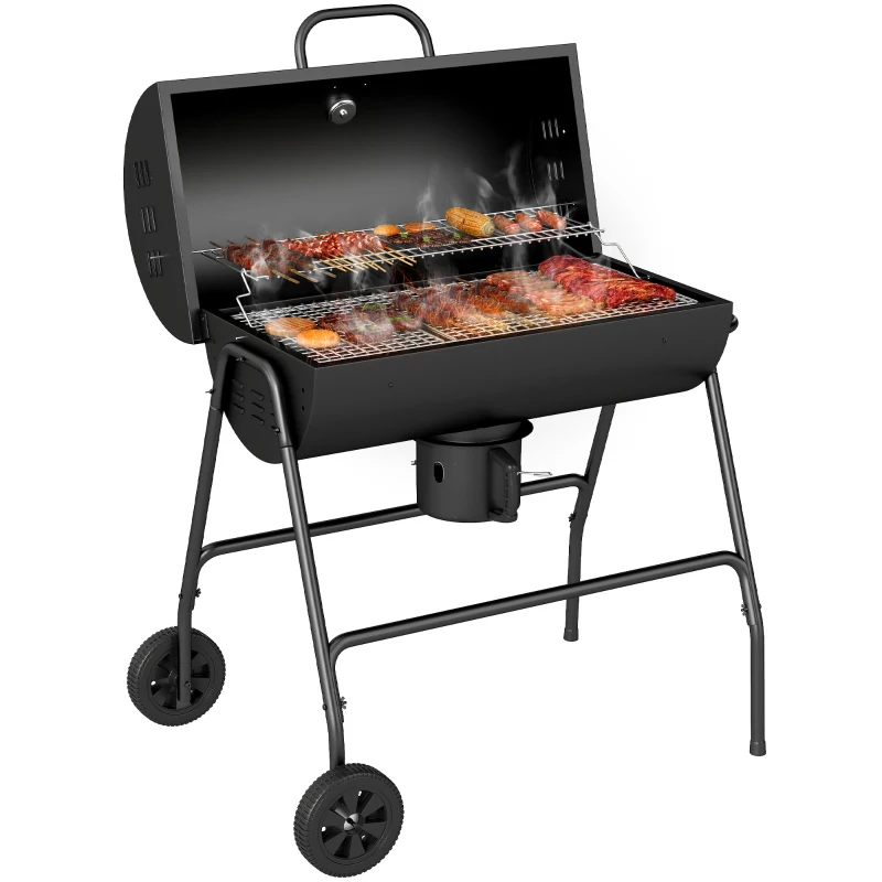 Outsunny Barrel Charcoal BBQ Smoker, Barbecue with 420 sq.in. Cooking Area, Wheels, Ash Catcher, Black