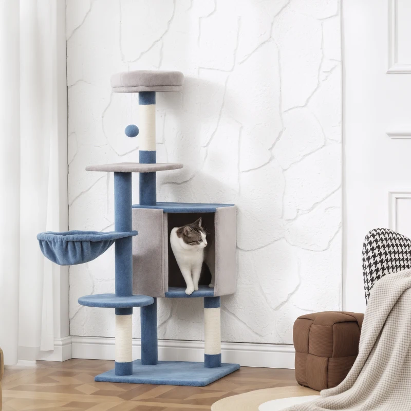 PawHut 48" Modern Cat Tree with Condo, Hammock, Perch, Sisal Scratching Posts, Toy Ball, for Indoor Cats, Blue and Grey