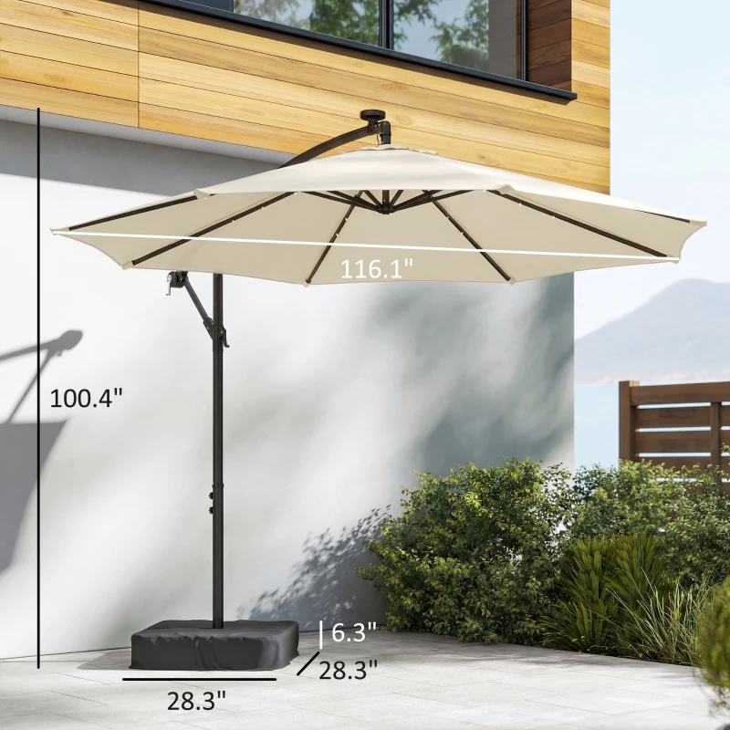 Outsunny 10 ft Cantilever Patio Umbrella with Light, Weight, Offset Hanging Outdoor Umbrella with Protective Cover, Cream White