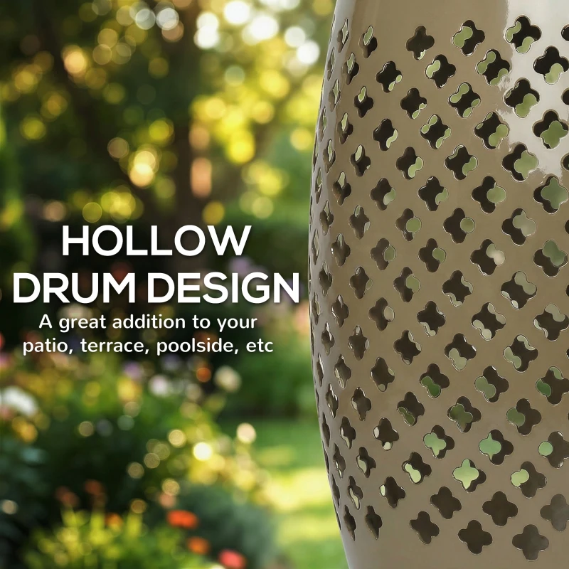 Outsunny 12.4" Steel Patio End Table, Round Hollow Drum Side Table, Accent Table for Indoor and Outdoor, Khaki