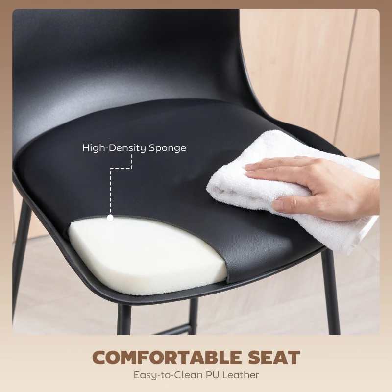 HOMCOM Modern Bar Stools Set of 2, PU Leather Barstools, Counter Height Kitchen Chairs for Breakfast Bars, Dining Room, Black