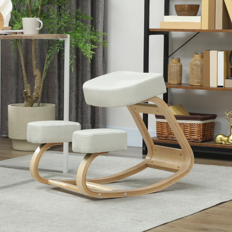 HOMCOM Ergonomic Kneeling Chair, Wood Kneel Stool with Thick Pads, Desk Knee Chair, Improve Posture, Cream White