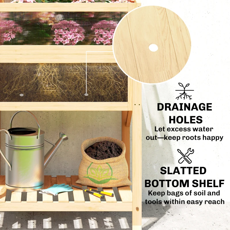 Outsunny Raised Garden Bed Planter with Cold Frame, Wooden Elevated Planter Box with Folding Side Table and Shelf, Natural Wood