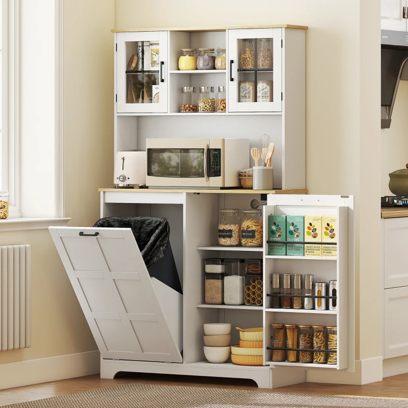 HOMCOM Kitchen Pantry Cabinet with Charging Station, 7 Gallon Trash Can Cabinet, Adjustable Shelves and Acrylic Doors, White