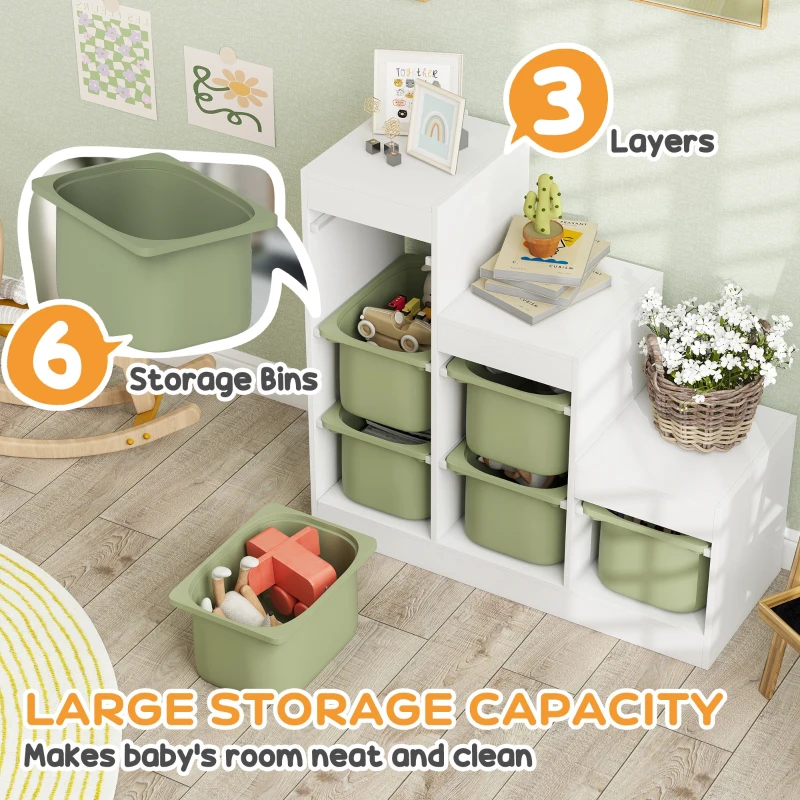 Qaba 3 Layers Toy Storage Organizer Kids Bookshelf Children Toy Storage w/ 6 Plastic Bins, Green