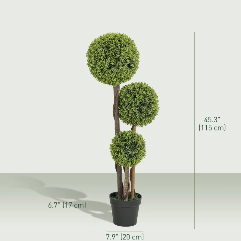 HOMCOM 45 Inch Potted Fake Plant Set of 2, Artificial Boxwood Topiary Tree, Triple Ball Tree for Indoor and Outdoor, Green