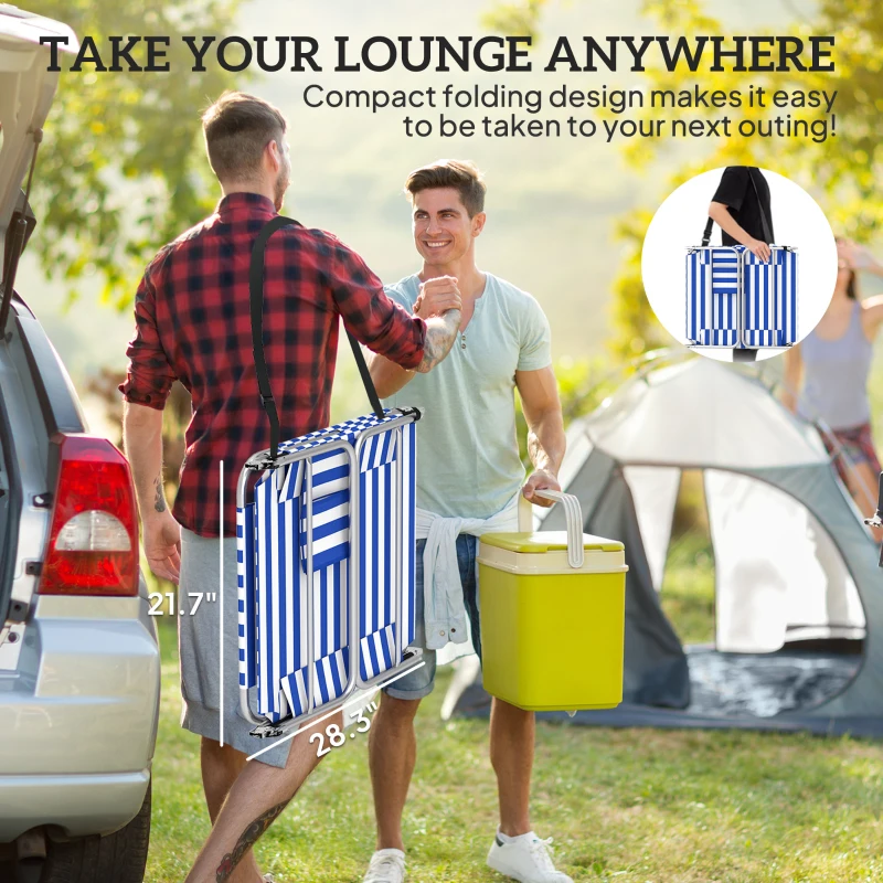 Outsunny Tanning Chair with Face Hole, 5-Level Adjustable Outdoor Chaise Lounge Chair with Pillow for Beach, Pool, Blue Stripes