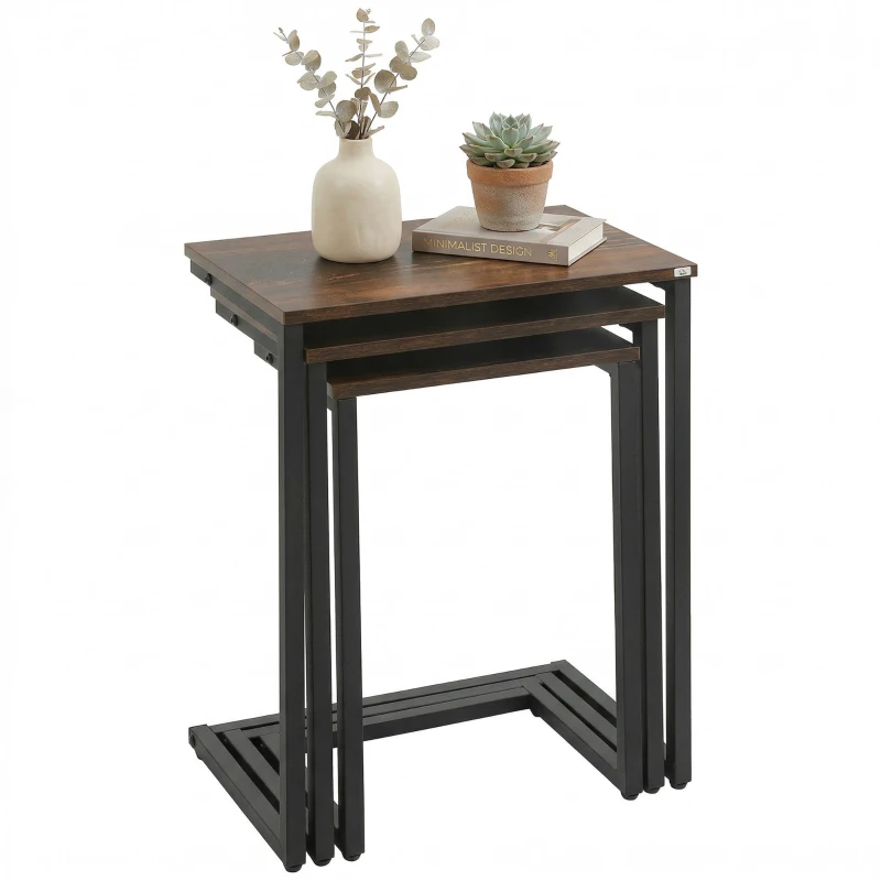 HOMCOM Nesting Coffee Table Set of 3, Stackable Rectangular End Tables with Wood-Effect Top, Metal Frame, Industrial & Rustic C-Shaped for Small Space, Living Room, Rustic Brown