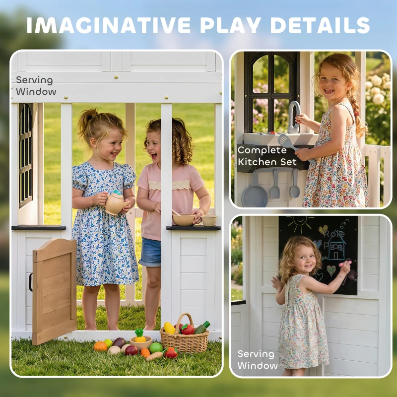 Qaba Two-Story Outdoor Playhouse, Wooden Kids Playhouse with Slide, Table & Bench, Play Kitchen, Ladder, Blackboard, White