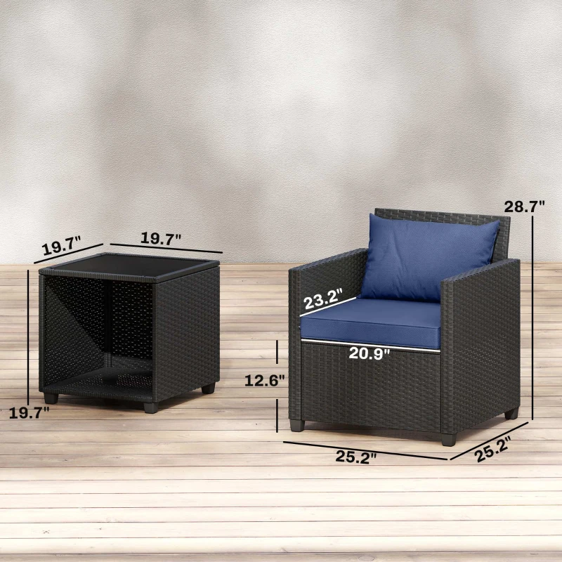 Outsunny 3 Piece Patio Bistro Set, Wicker Furniture Set with Thick Cushions, Glass Coffee Table and Chairs for Garden, Dark Blue