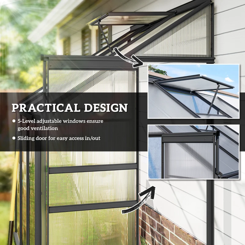 Outsunny Aluminum Lean-to Greenhouse Polycarbonate Walk-in Greenhouse with Rain Gutter and Sliding Door, 6' x 4', Dark Grey
