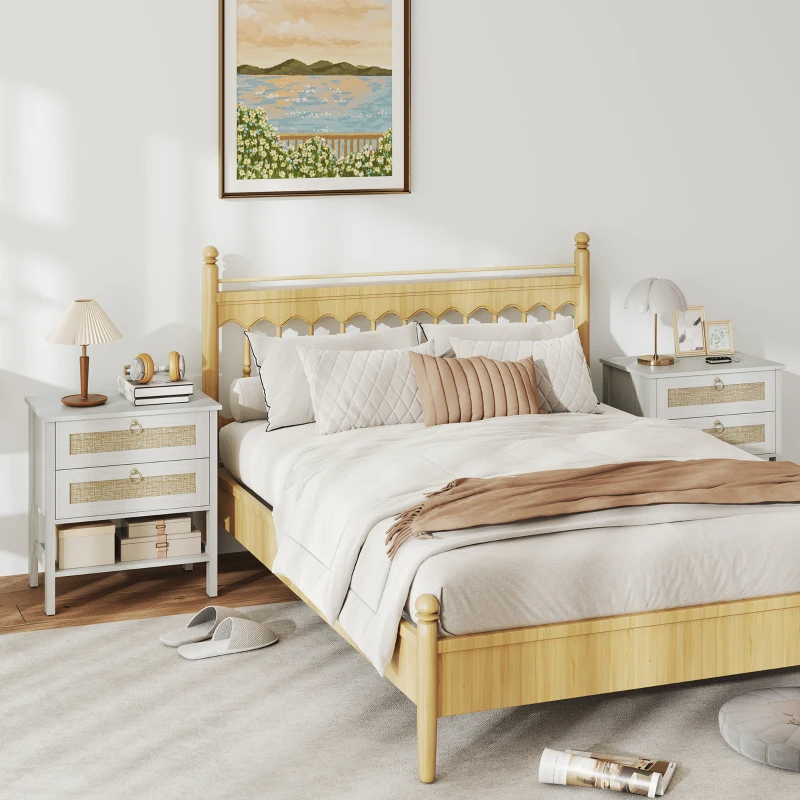 HOMCOM Set of 2 Boho Bedside Tables, Rattan Nightstands with 2 Drawers, Storage Shelf, End Side Tables for Bedroom, White Oak