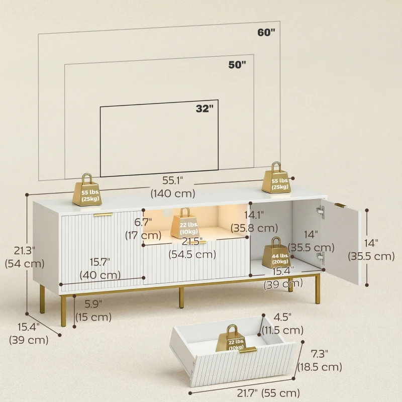 HOMCOM Modern TV Console for TVs up to 60 Inch, Entertainment Center with Smart RGB LED Lights and Soft Close Doors, White