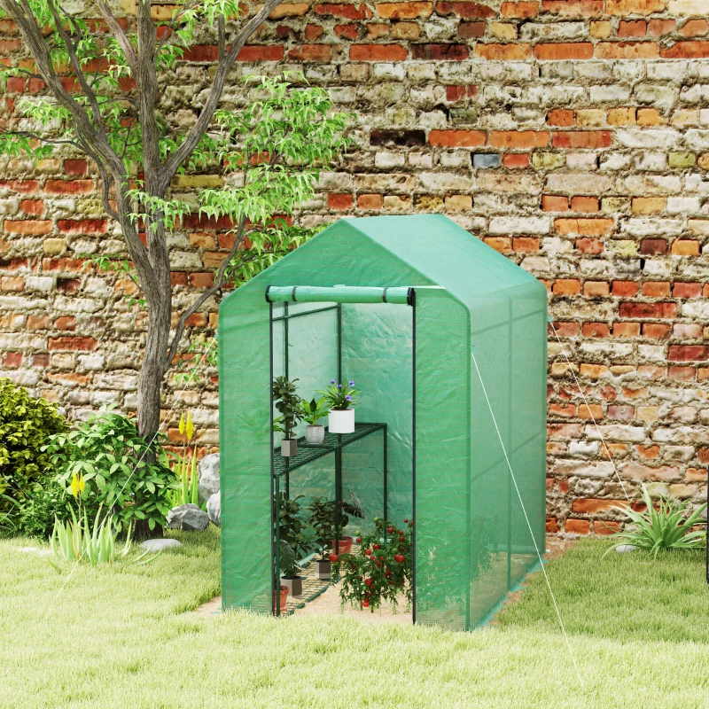 Outsunny Walk-in Greenhouse Outdoor Portable Plant Flower Growth Warm House with Roll-up Door, 73" x 47" x 75", Green