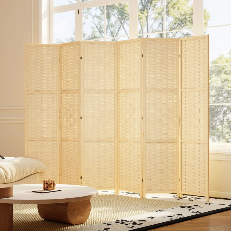 HOMCOM 6-Panel Room Divider, 5.6 FT Freestanding Folding Privacy Screen, Partition Wall Divider, Natural Wood
