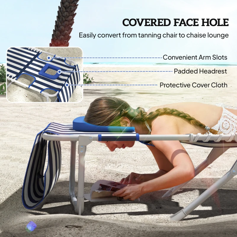 Outsunny Tanning Chair Set of 2 with Face Hole and Side Table, 5-Position Folding Outdoor Chaise Lounge Chair, Blue and White