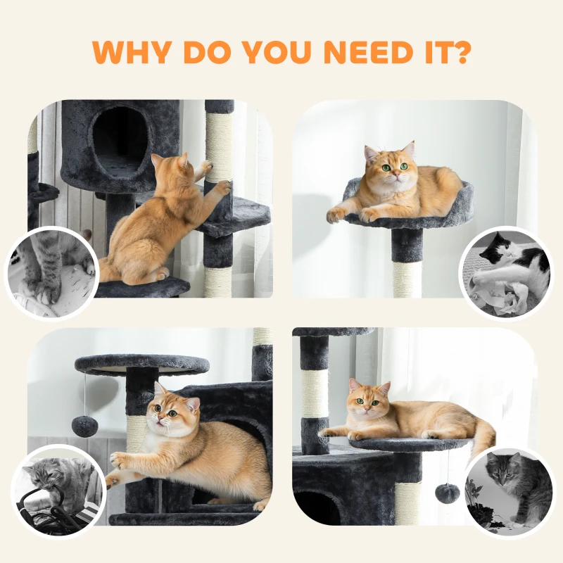 PawHut 62" Cat Tree with Scratching Post, 2 Condos, Hammock, Perches, Plush, Pompoms, for Indoor Cats, Dark Grey