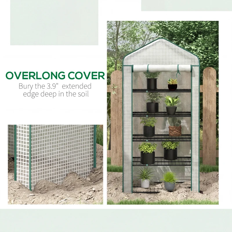 Outsunny 5 Tier Mini Greenhouse, Small Portable Greenhouse with PE Cover, Roll-Up Zippered Door, 76" x 35.4" x 19.3", White