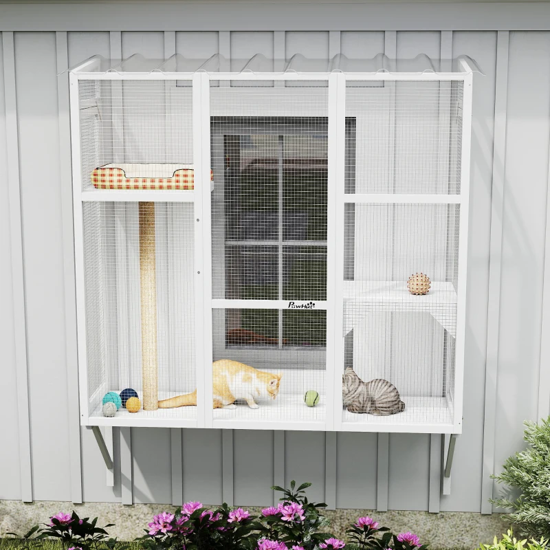 PawHut Wooden Catio Outdoor, Cat Window Box Enclosure for 2-3 Large Cats with 2 Jumping Platforms & Scratching Post, White
