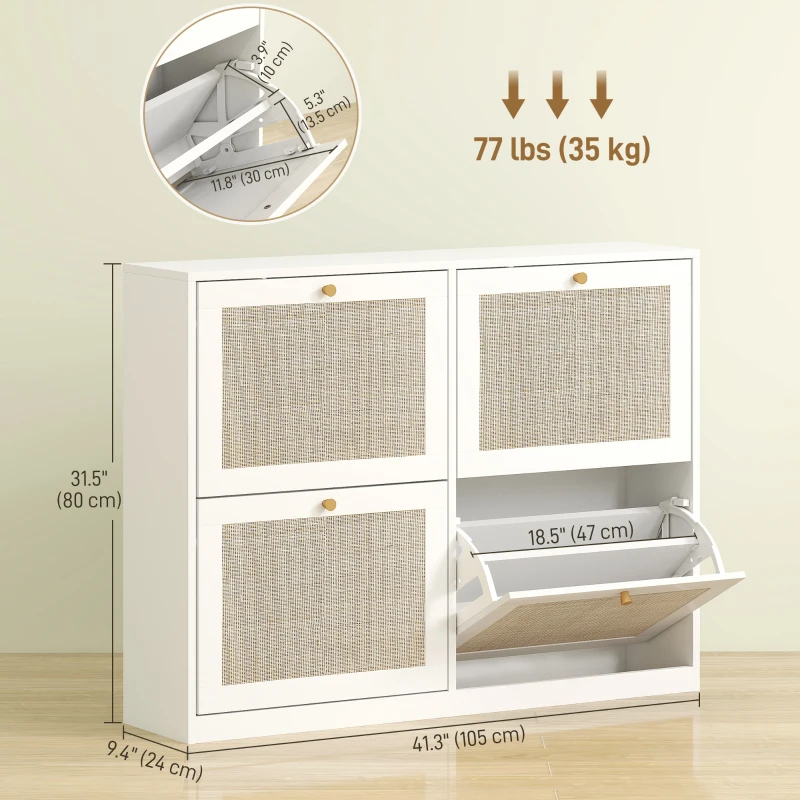 HOMCOM Narrow Shoe Storage Cabinet, Rattan Shoe Cabinet with 4 Flip Drawers and Adjustable Shelves for 20 Pairs, White