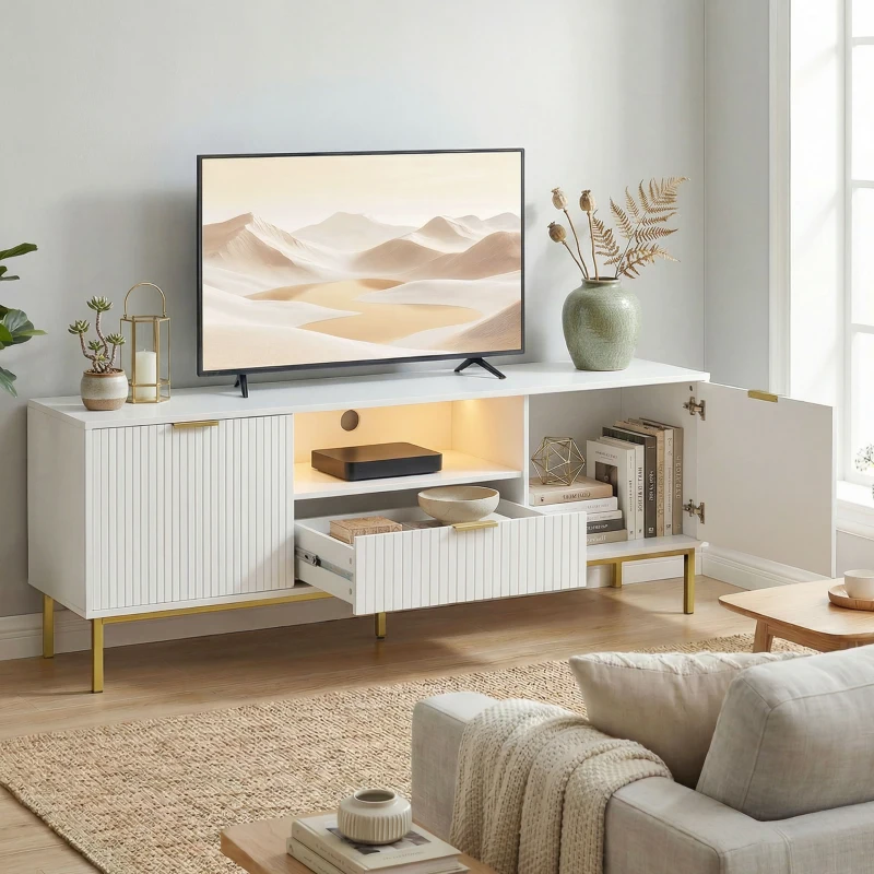 HOMCOM Modern TV Console for TVs up to 60 Inch, Entertainment Center with Smart RGB LED Lights and Soft Close Doors, White