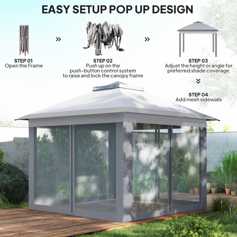 Outsunny 11' x 11' Pop Up Gazebo, Double Roof Foldable Height Adjustable Canopy Tent with Mesh Sidewalls, Carrying Bag, Grey
