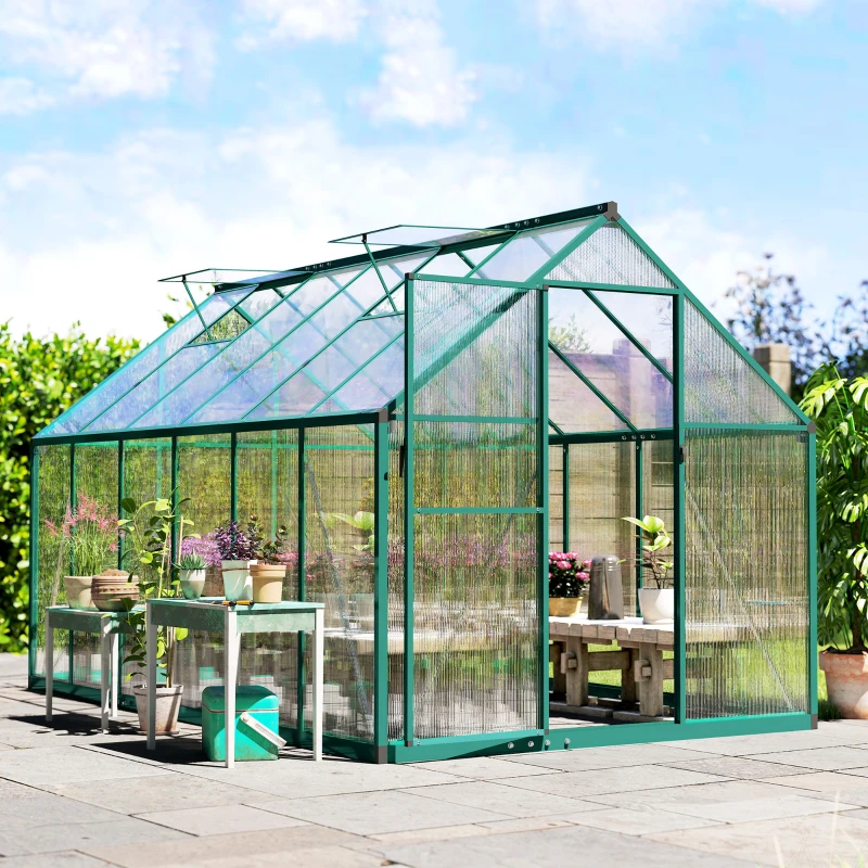 Outsunny Polycarbonate Greenhouse with Swing Door and Two Adjustable Roof Vents, Aluminum Walk-in Greenhouse, 11x6 ft, Dark Green