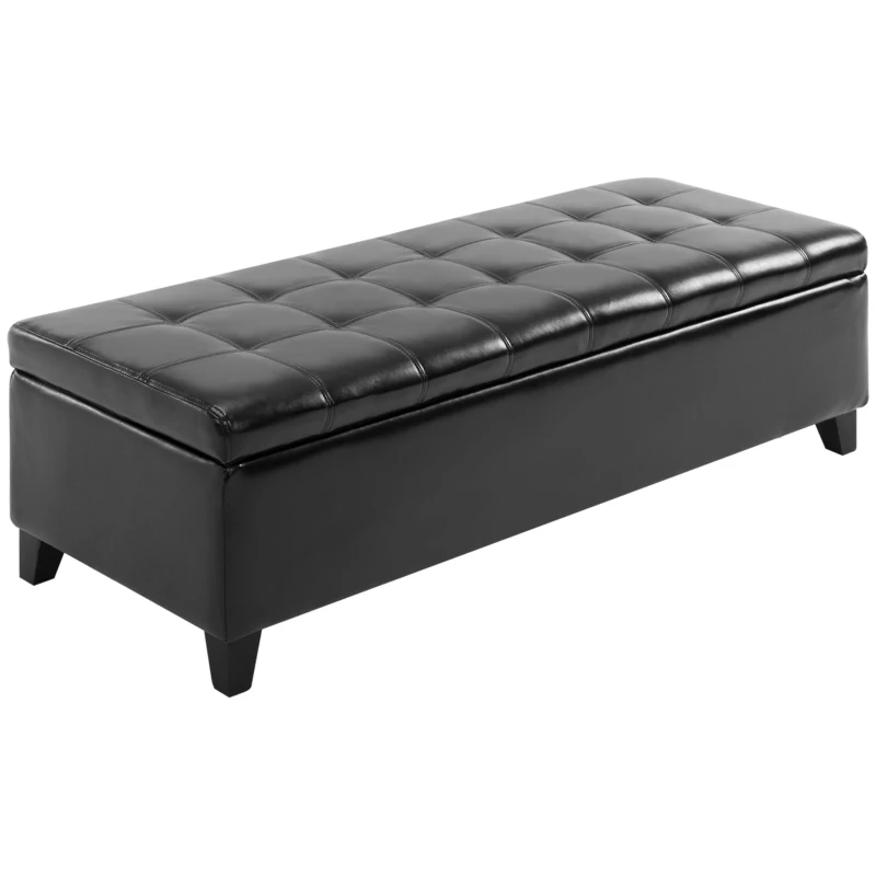 HOMCOM Storage Ottoman Bench, Foot Rest with Solid Wood Legs, 51 Inches PU Leather Storage Chest for Living Room, Black