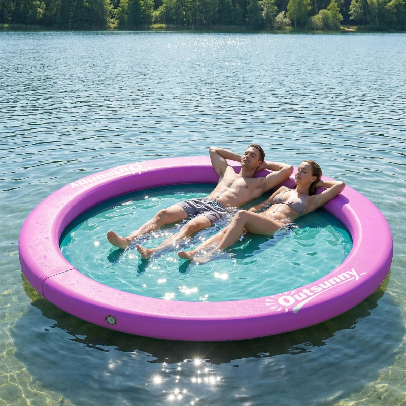 Outsunny 8FT Inflatable Water Hammock Floating Ring, Inflatable Floating Dock Platform for for Lakes, Pools, Oceans, Purple