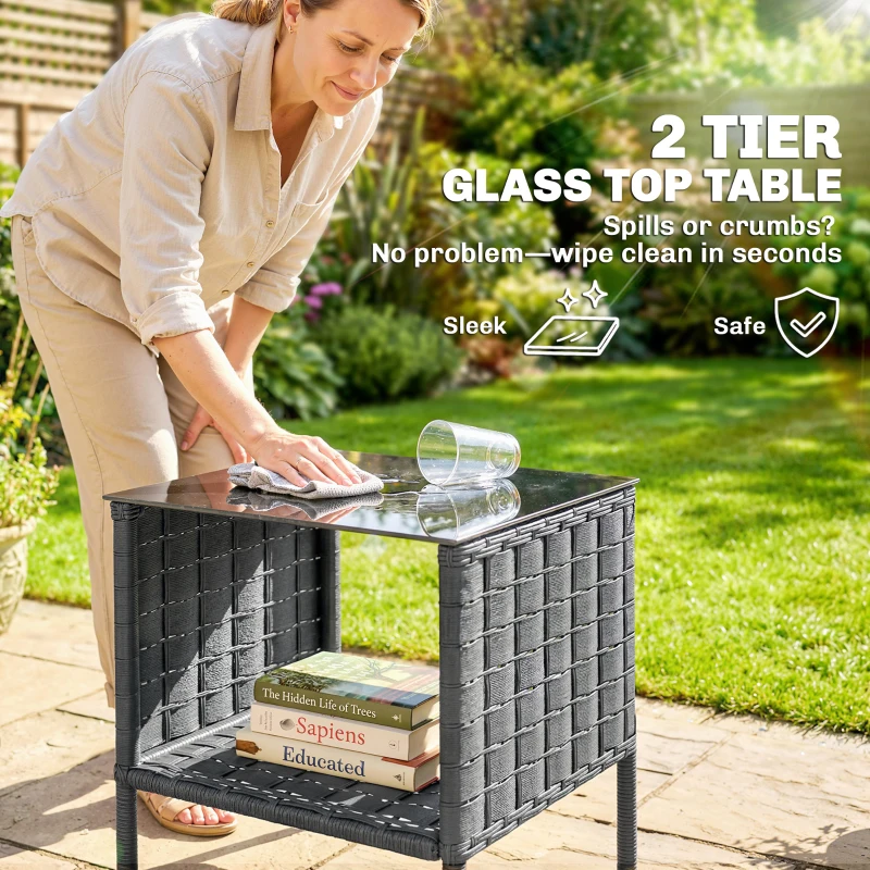 Outsunny 3 Pieces Rocking Bistro Set Outdoor Patio Furniture Set with Side Pockets, Mesh Seat, Cushions, 2-Tier Table, Grey