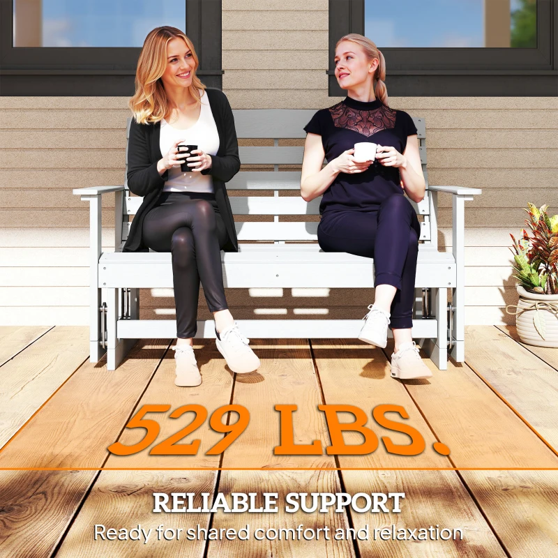 Outsunny Patio Glider Bench w/ HDPE Slatted Double Rocking Chair, Distressed White