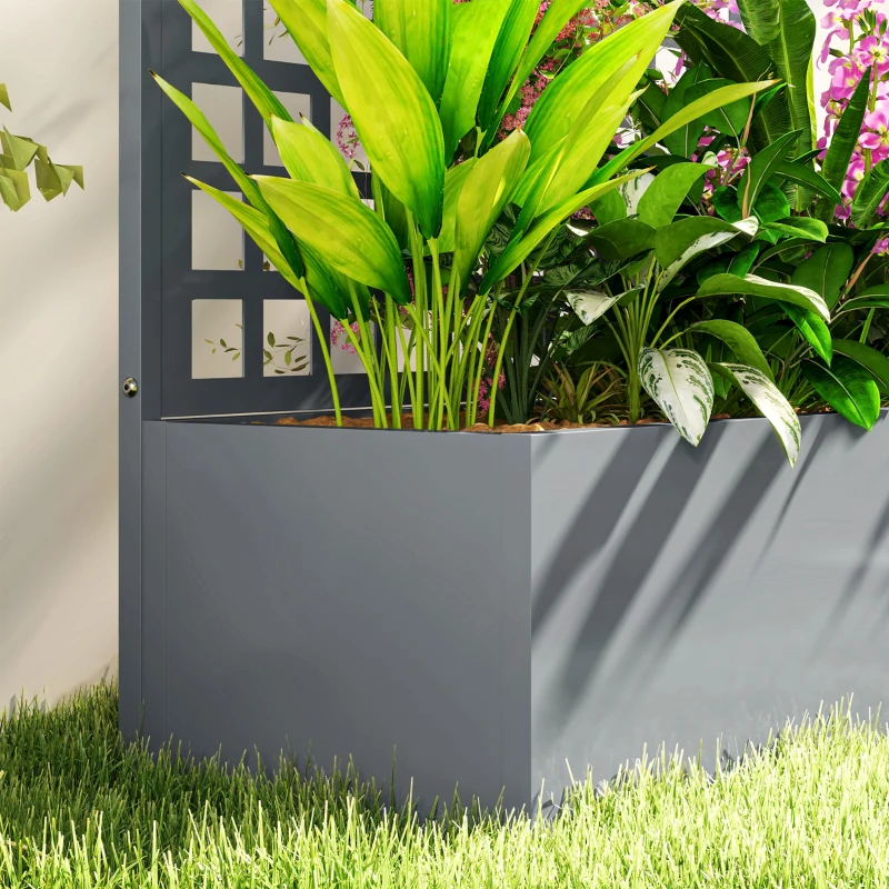 Outsunny Galvanized Raised Garden Bed Planter Box with Trellis for Climbing Plant, Vegetable, Vine, 35"x16"x70" Grey Wood Effect