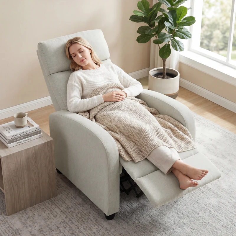 HOMCOM Fabric Recliner Chair Manual Home Theater Seating Single Reclining Sofa Chair with Padded Seat, Cream White