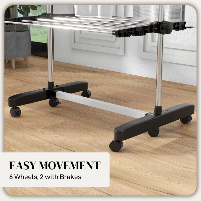 HOMCOM Garment Drying Rack Stainless Steel Folding Clothes Hanging Rack with Side Wings Castors for Indoor Outdoor Black