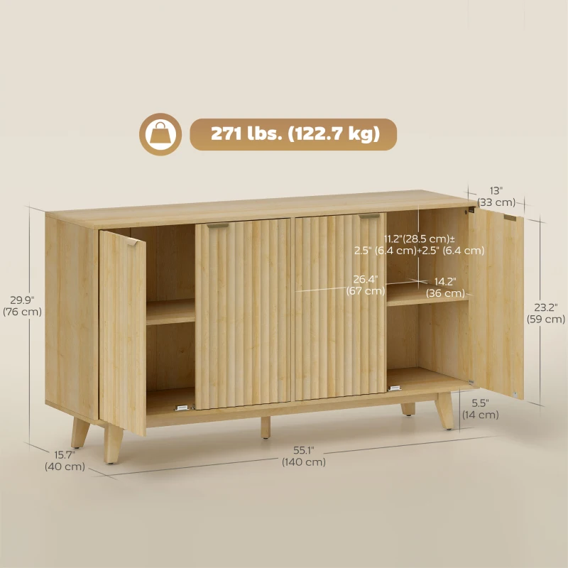 HOMCOM Fluted Sideboard Buffet Cabinet, 55" Coffee Bar Cabinet with 4 Doors, 2 Adjustable Shelves, 5 Wood Legs, Nature Wood