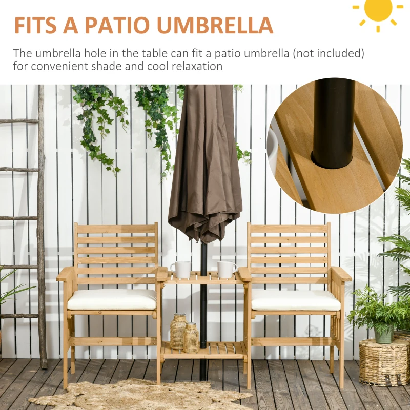 Outsunny Outdoor Wood Loveseat with Middle Table, Garden Table and Chairs Set with Cushions and Umbrella Hole, 2-Seater Outdoor Furniture Set for Balcony, Patio, Brown